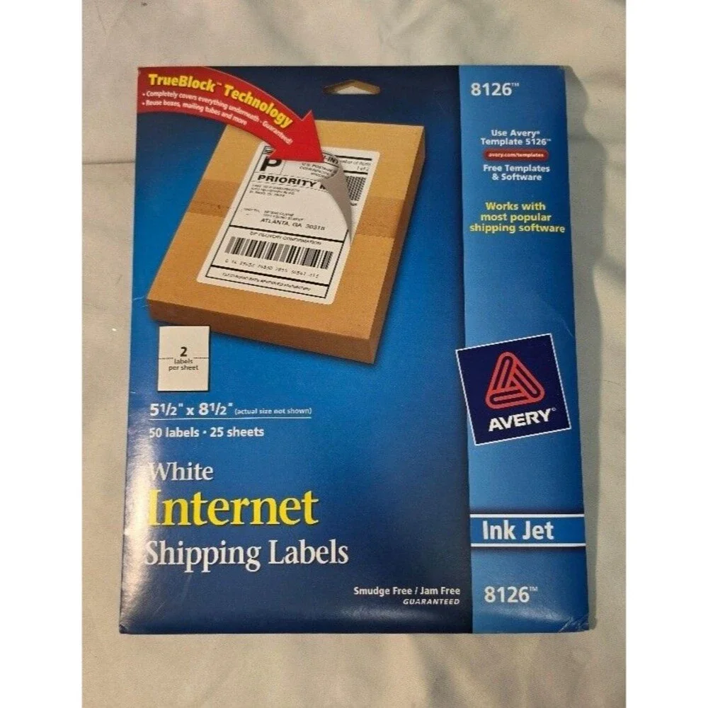 Avery 8126 White Internet Shipping Labels 50 Labels 25 Sheets TrueBlock